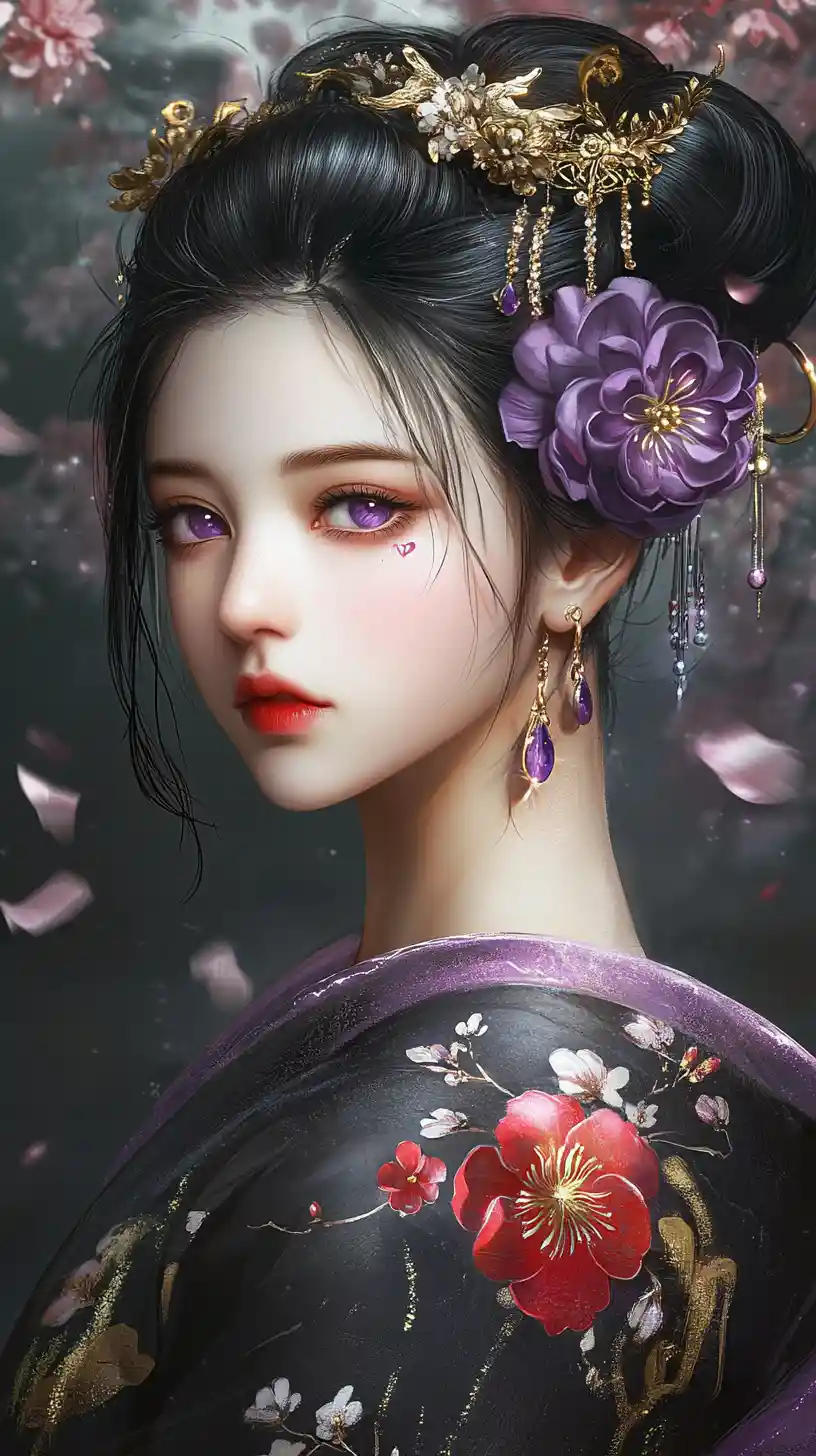 Violet eyed woman in ornate kimono with falling petals