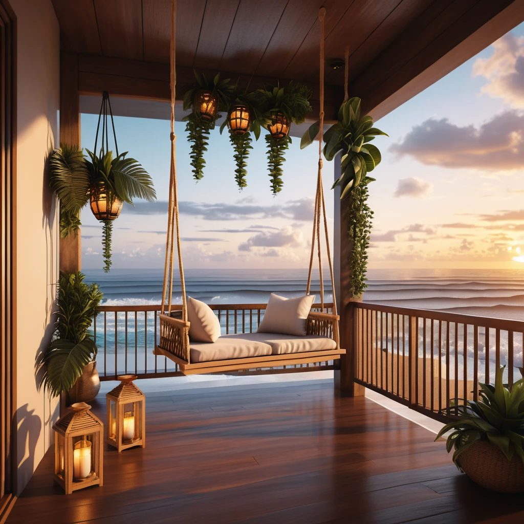 Tropical balcony with swing chair overlooking the ocean waves
