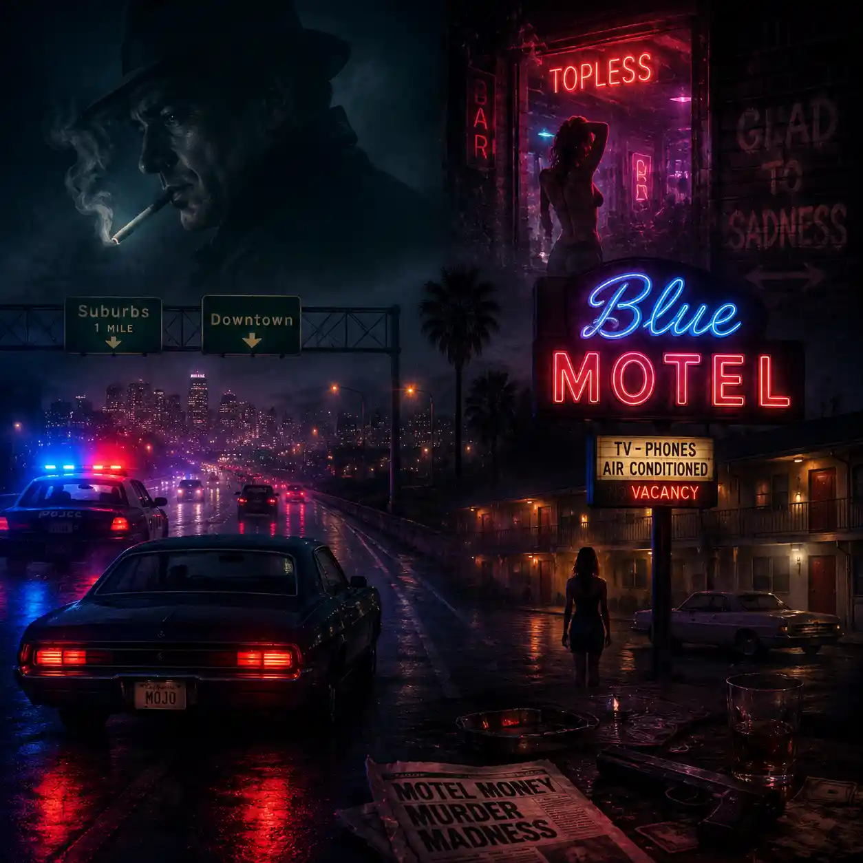 Car driving through quiet suburban streets at night