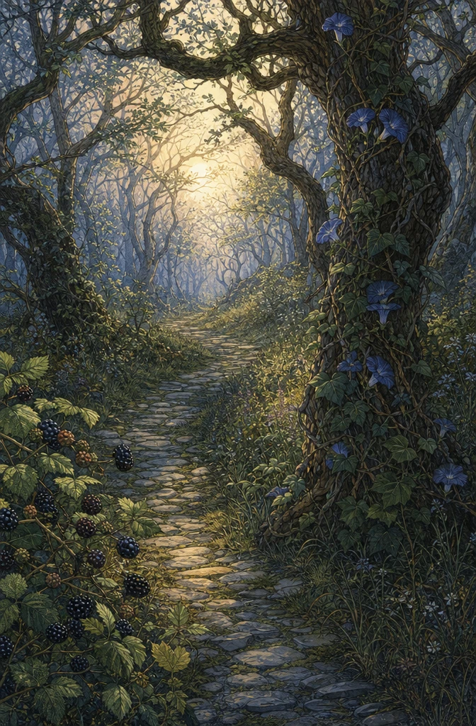 Winding Stone Path Through Trees At Peaceful Sunrise
