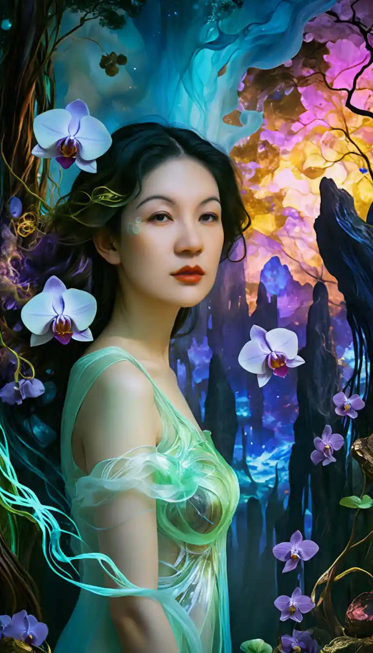Surreal woman emerging from swirling blue orchid sea