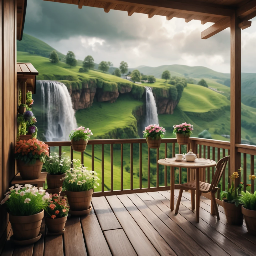 Cozy countryside balcony overlooking green hills and waterfalls