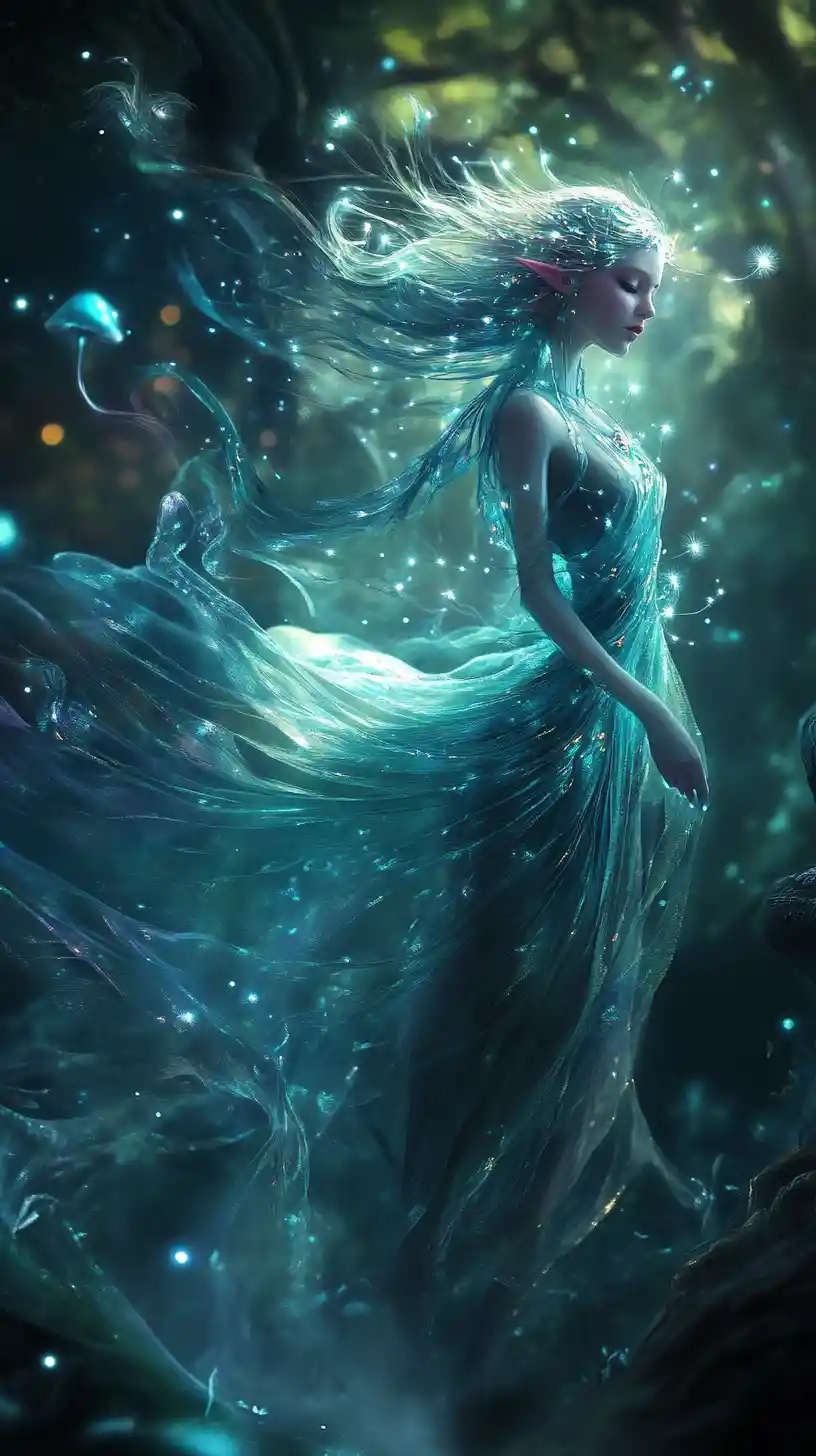 Celestial elf dancing in a glowing fantasy forest