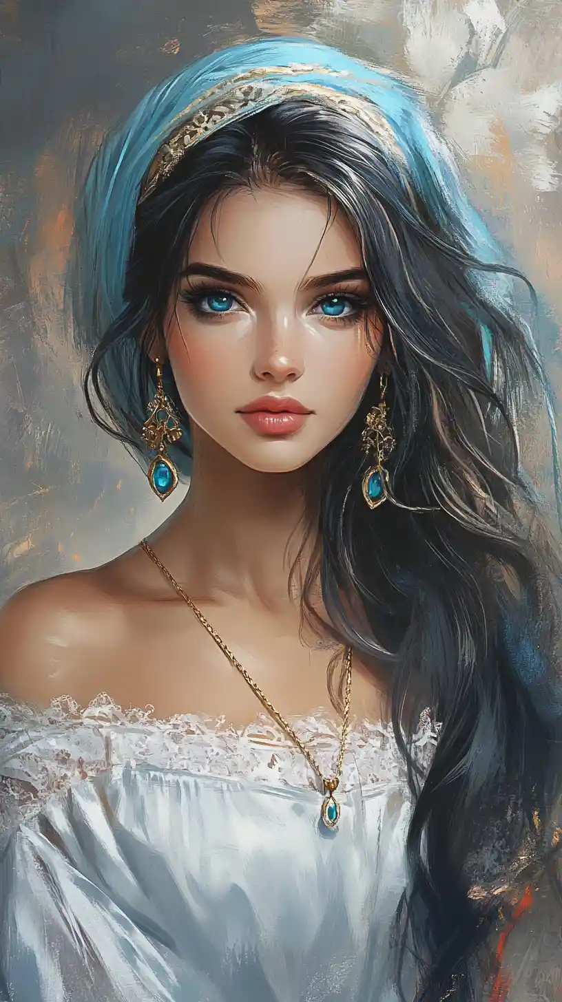 Serene girl in teal wrap with flowing multicolored hair