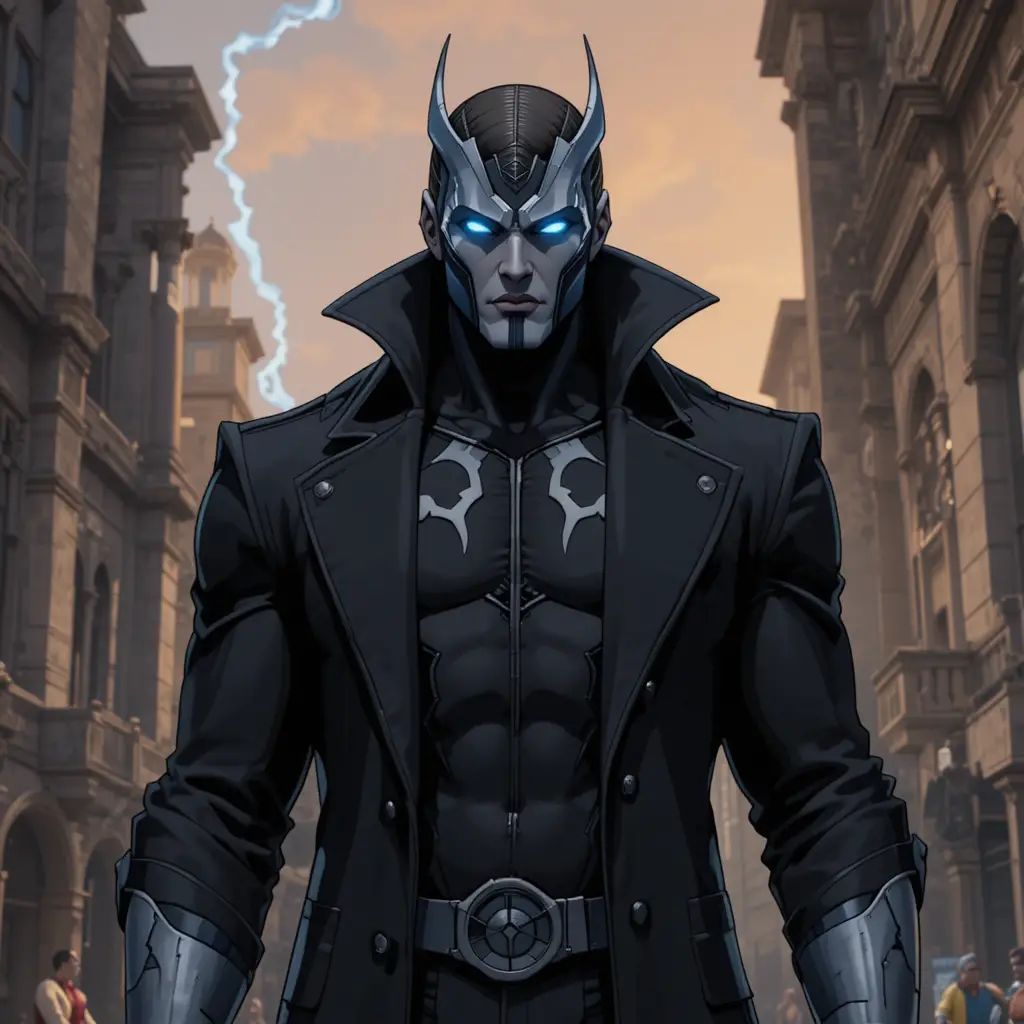 Silent superhero in a dark trench coat in futuristic city shadows