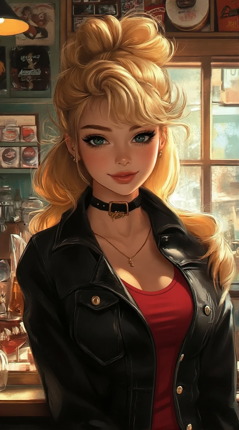 Woman in black leather jacket with bright red top