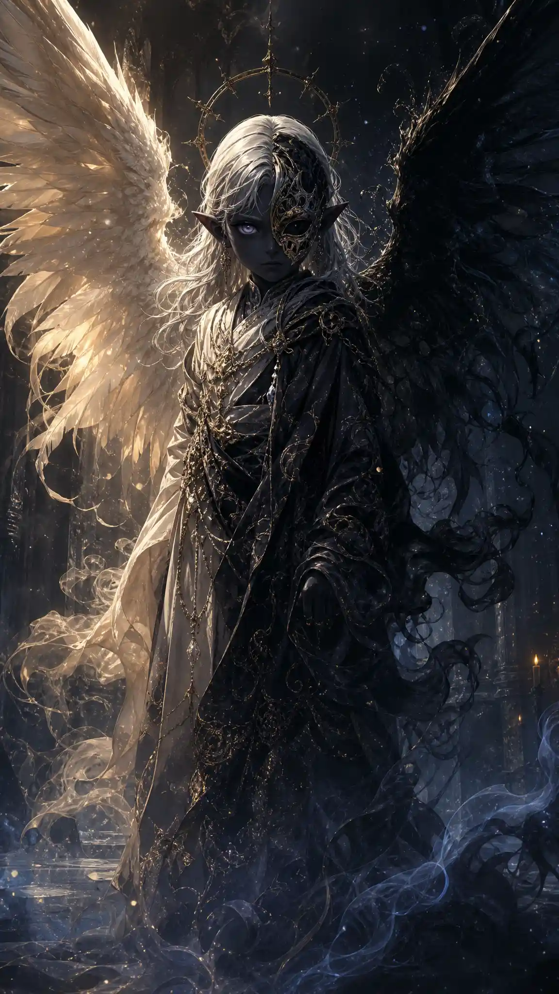 Winged drow child with angel and demon elements