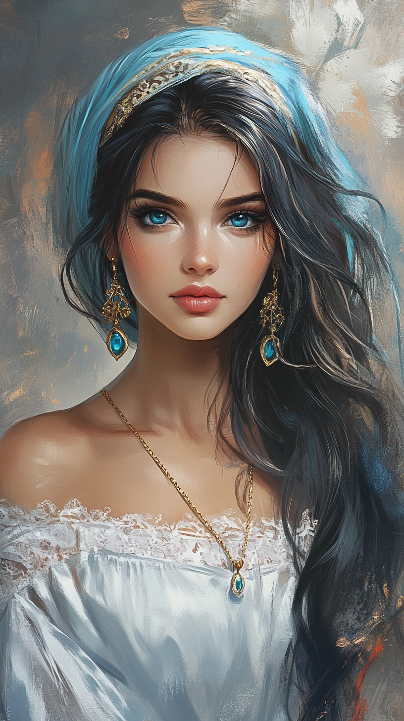 Serene girl in teal wrap with flowing multicolored hair