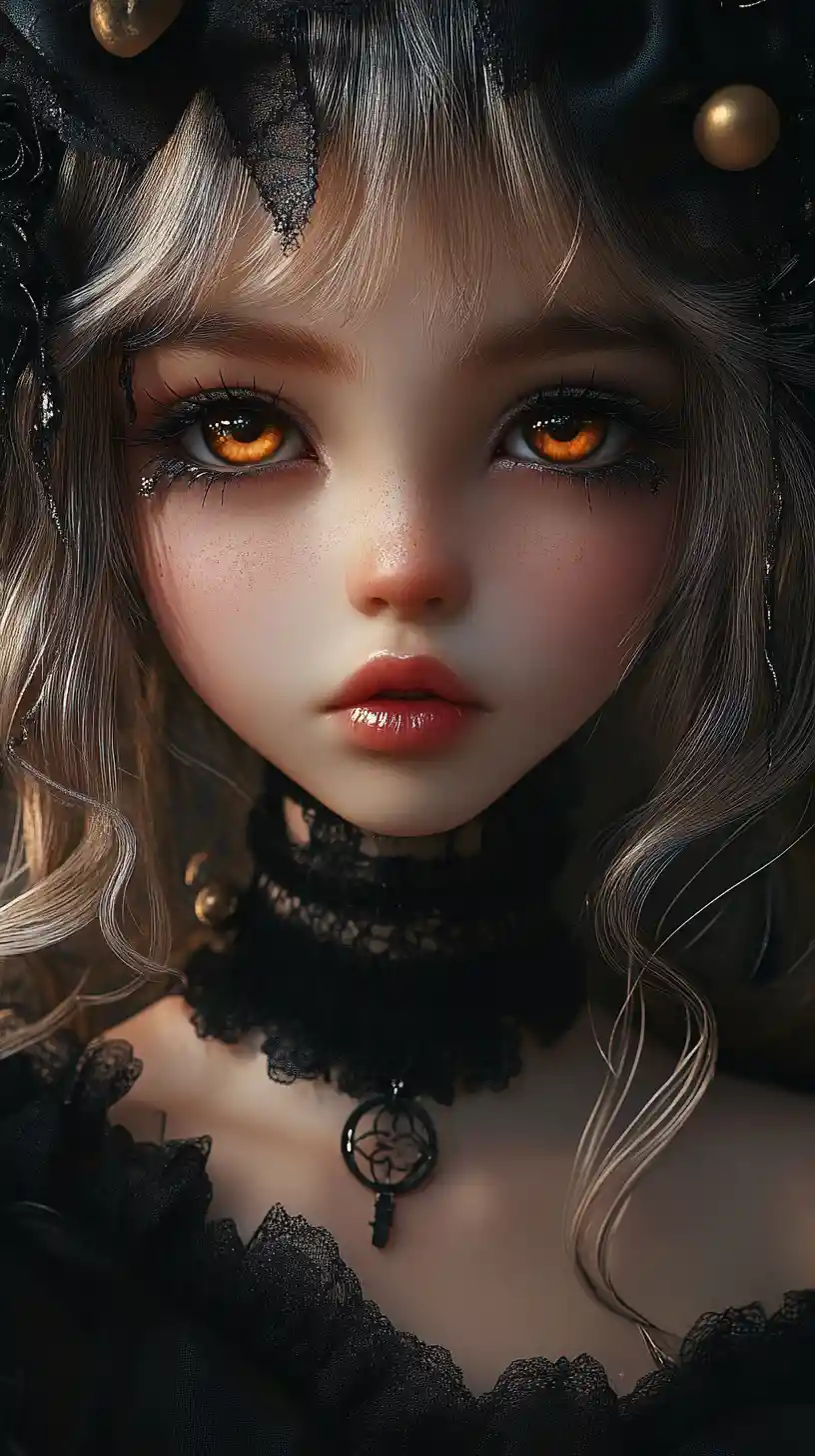 Gothic doll like girl with bows and stitched pink lips
