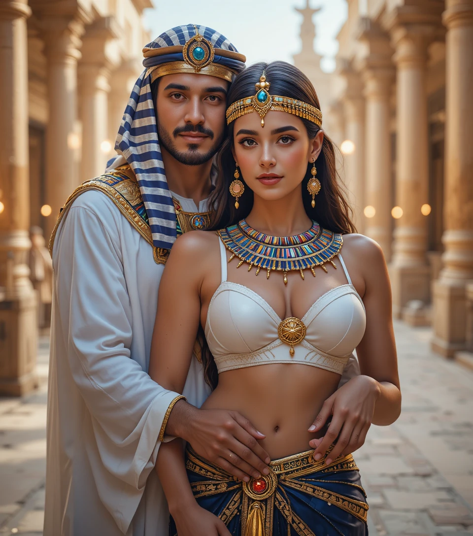 Elegant egyptian couple in warm golden city lights