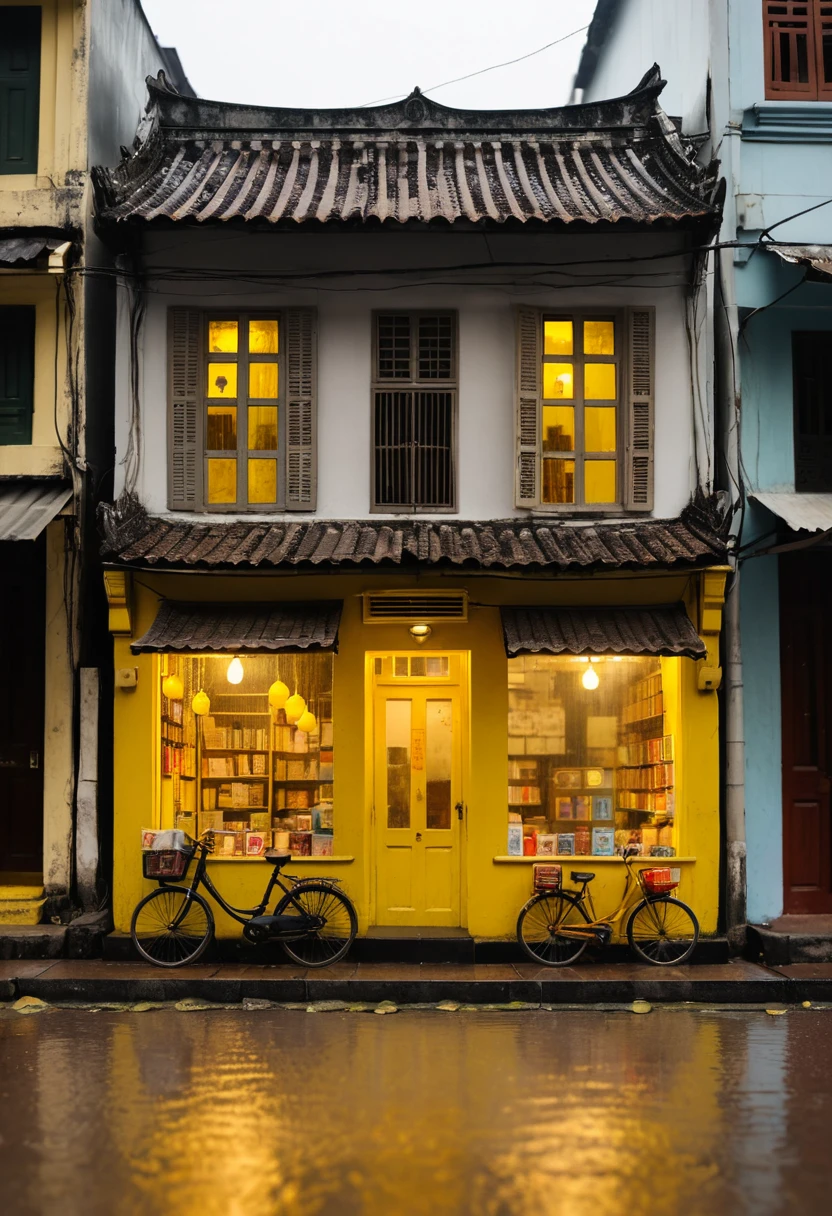 Tilt shift miniature Hanoi book street in afternoon rain