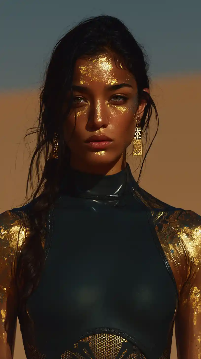 Strong female bodybuilder portrait in glowing desert light