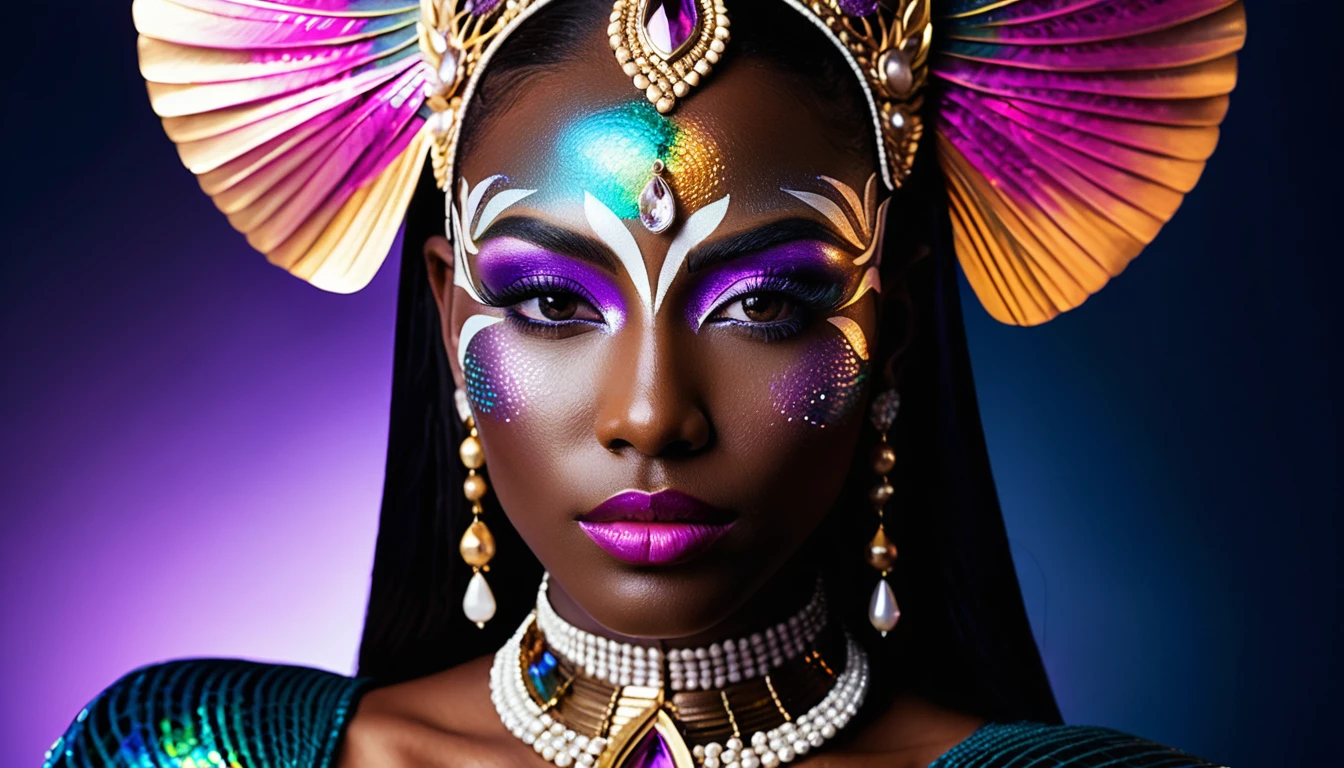 Close up portrait of woman with iridescent body art