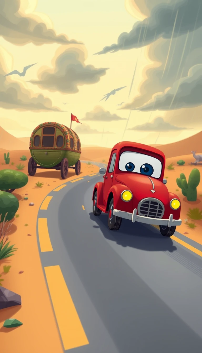 Tiny cartoon car caravan traveling through windy desert