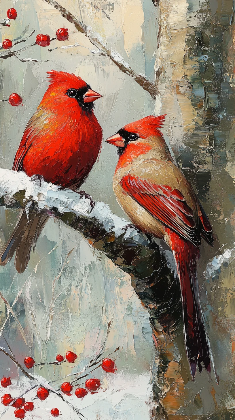 Two red birds on a snowy branch in winter forest