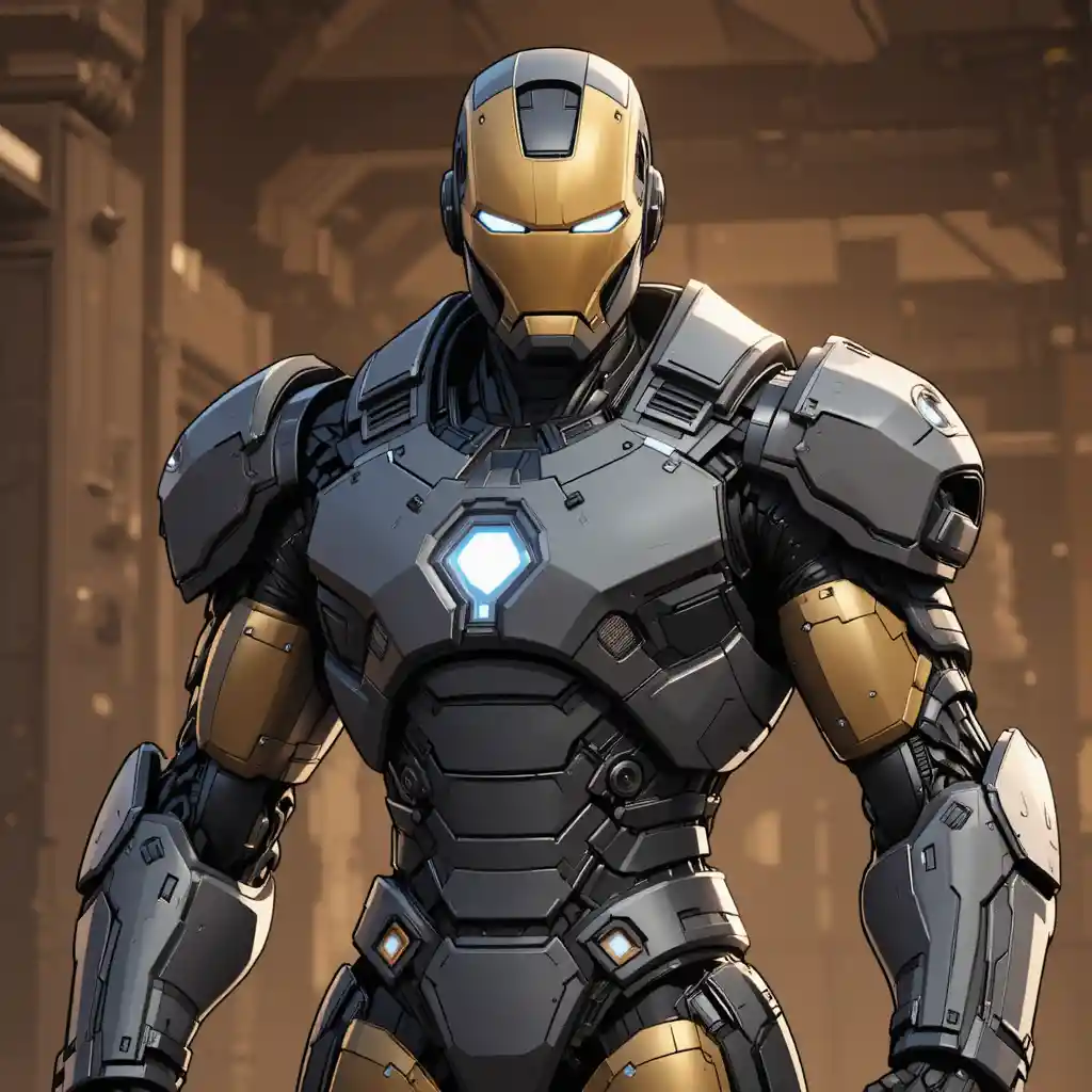 Armored sci fi man with bulky mechanical battle suit