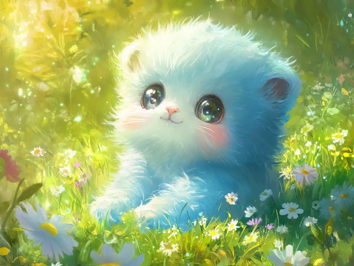 Cute baby animal in a green meadow illustration