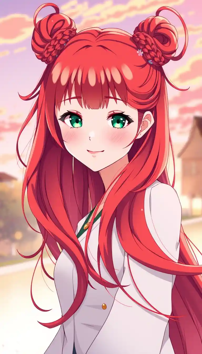 Rothaariges Anime-Mädchen im Sonnenaufgang in natürlicher Landschaft
