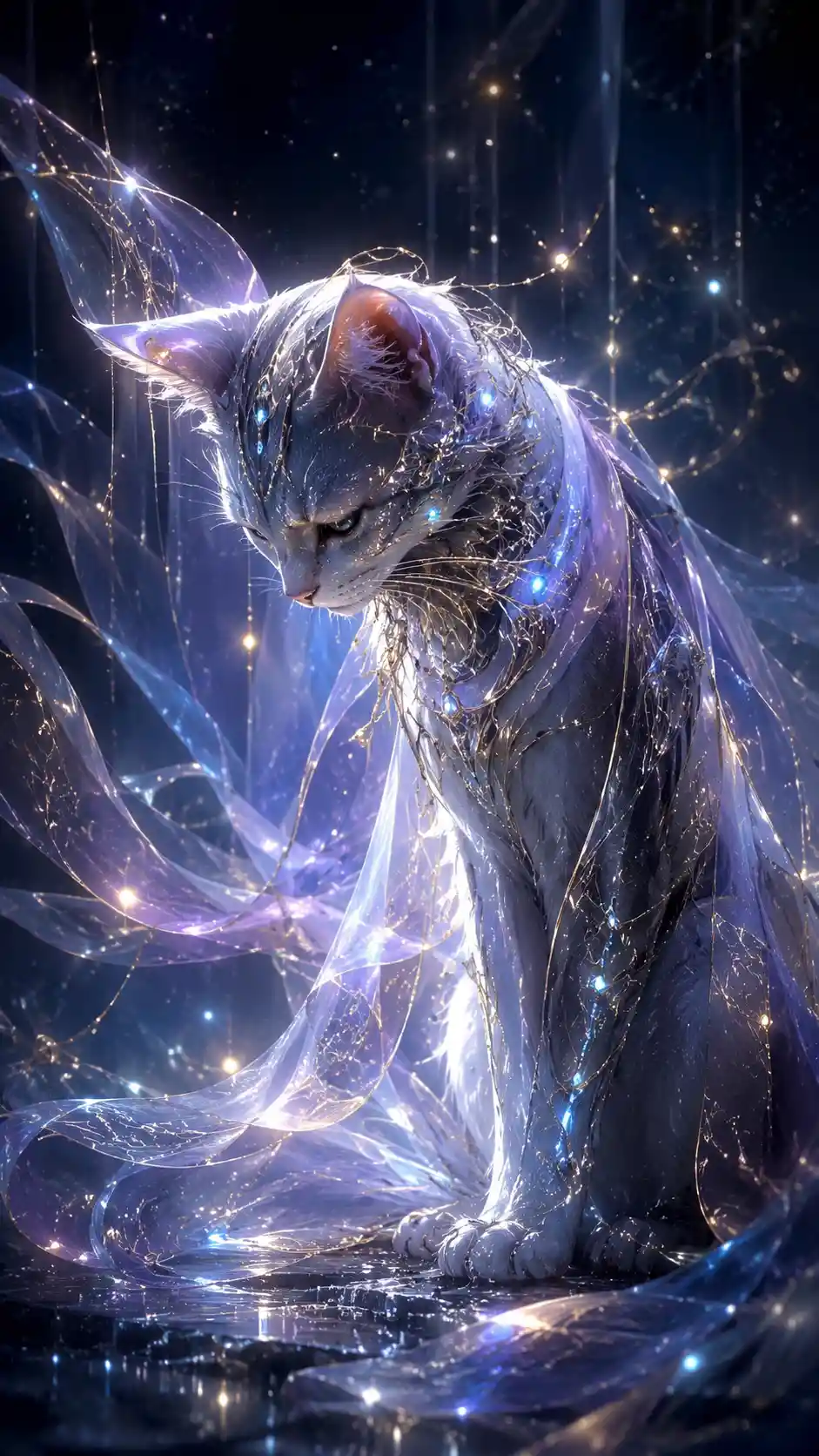 Elegant sorrowful cat wrapped in glowing ethereal fabric