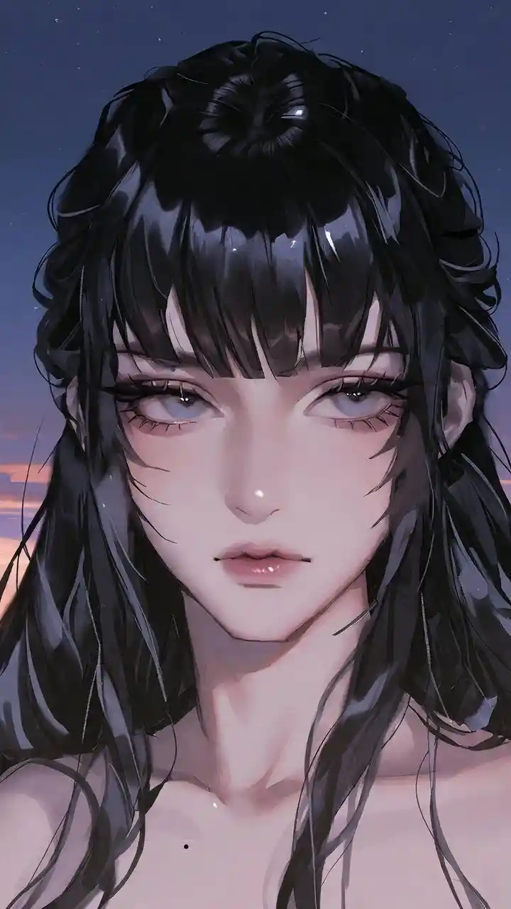 Elegant anime girl under a clear twilight night sky