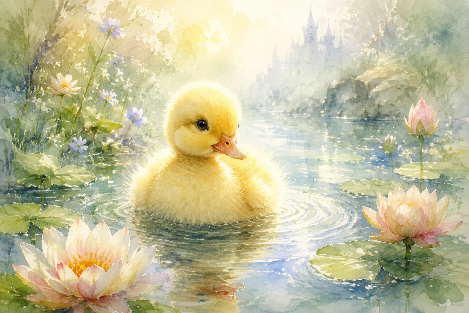 Watercolor duckling among soft flowers on a calm pond