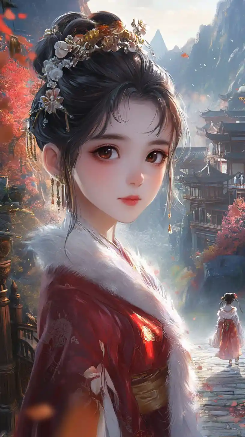 Young hanfu girl in red before misty mountain temples