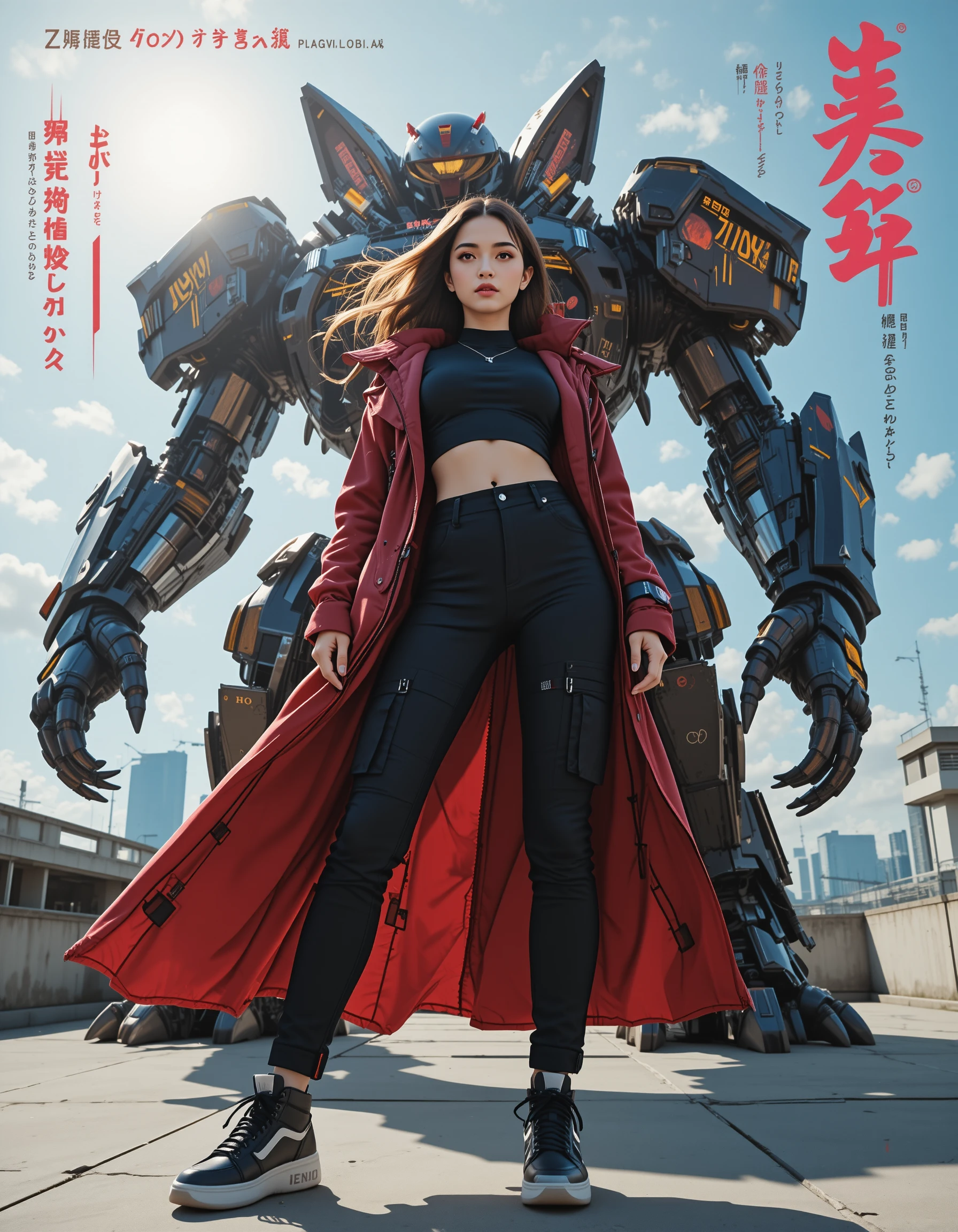 Eroina futuristica su un tetto cittadino in suggestivo controcampo cinematografico