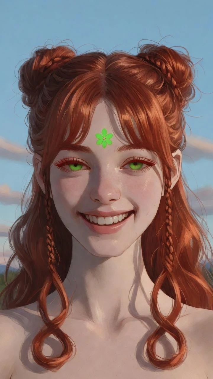 Ragazza anime gioiosa con capelli cremisi sotto un cielo limpido all’alba
