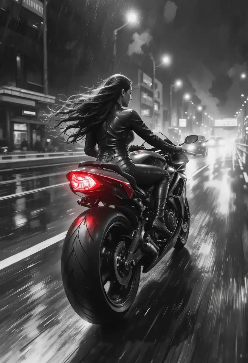 Futuristic motorcycle couple racing on a wet night highway