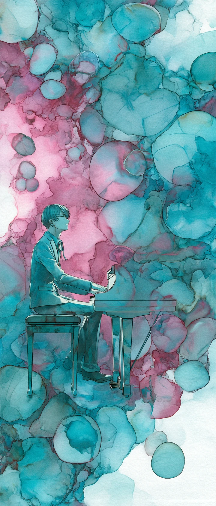 Anime musician at piano of dissolving ink dream keys