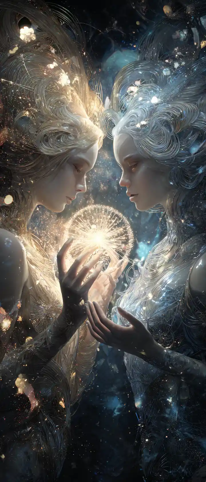 Twin cosmic sisters woven from stardust and liquid gold