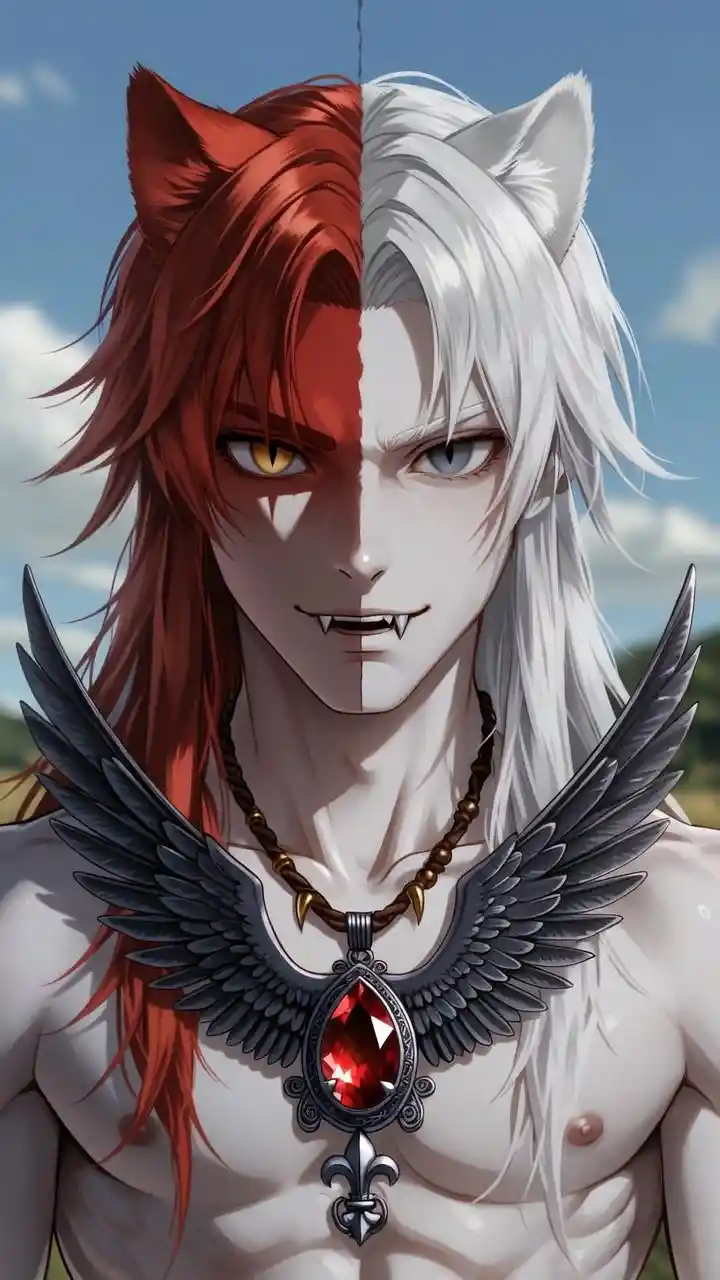 Heterochromatic anime man with split red and white hair outdoors