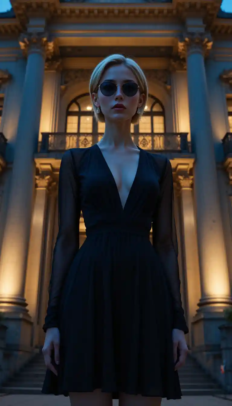Young woman in black dress before ornate baroque facade