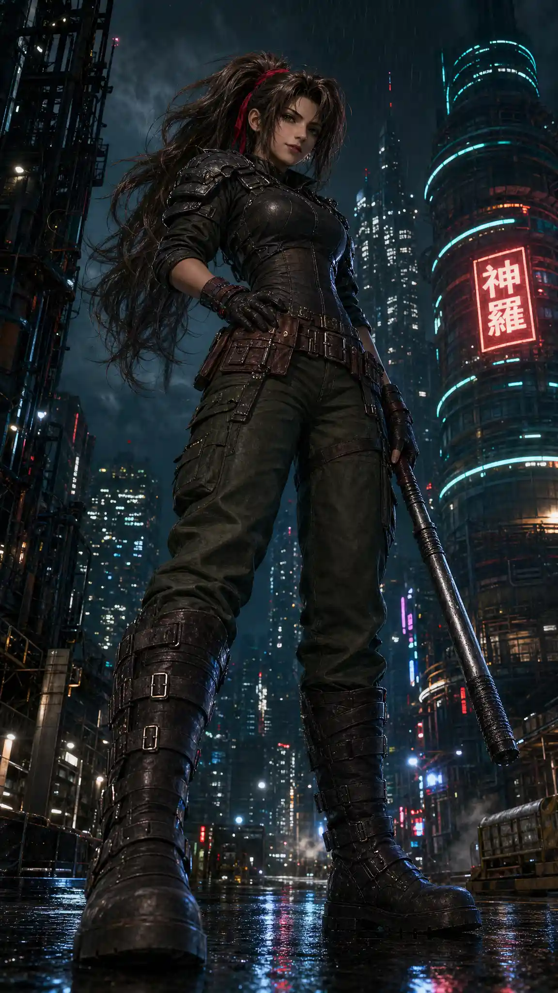 Confident cyberpunk warrior woman in neon lit city street