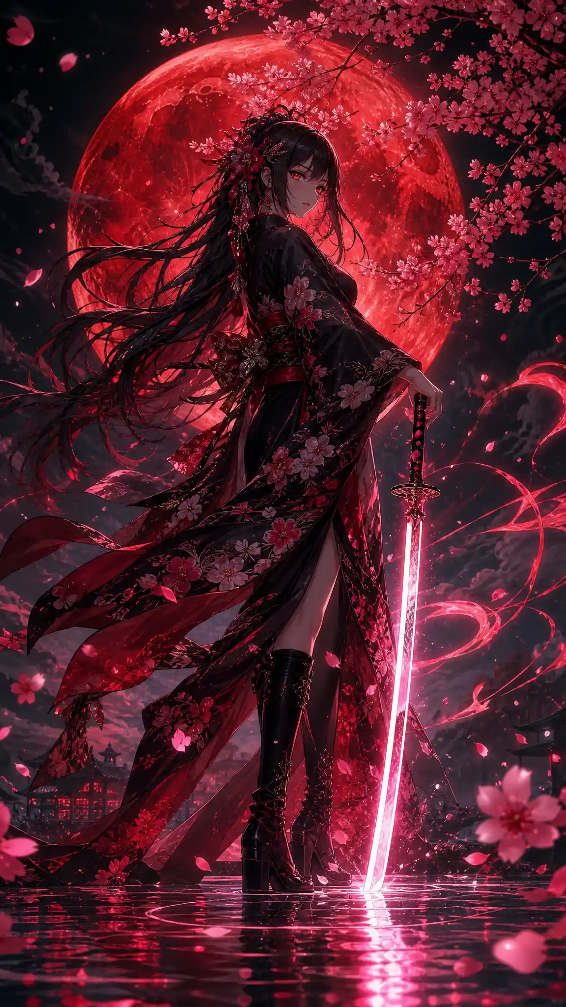 Samurai anime warrior girl under a crimson full moon