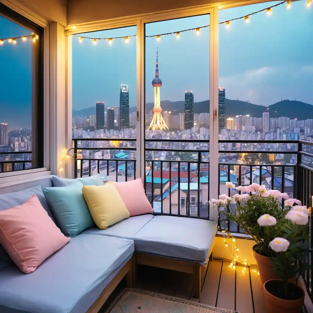 Cozy Korean Apartment Balcony With Seoul Evening Skyline