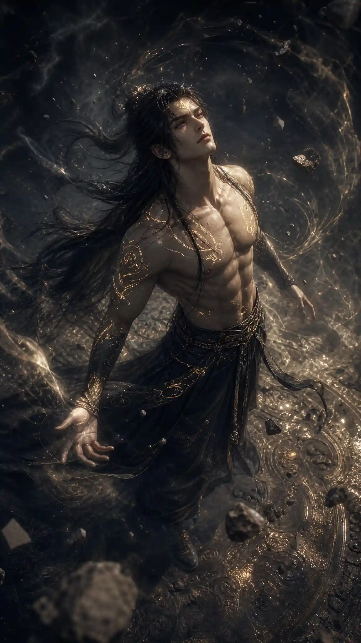 Powerful bare chested fantasy man seen from above