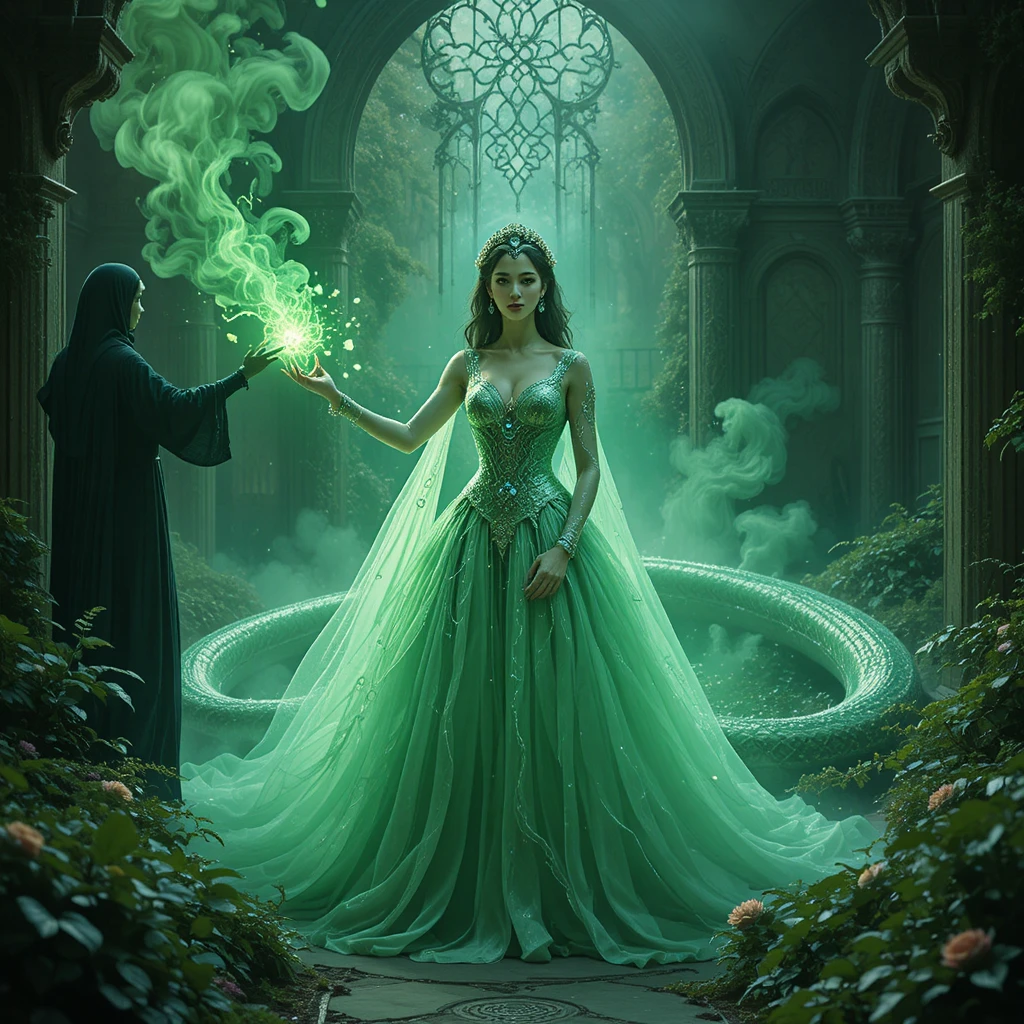 Princess transforming into a serpent in a royal garden