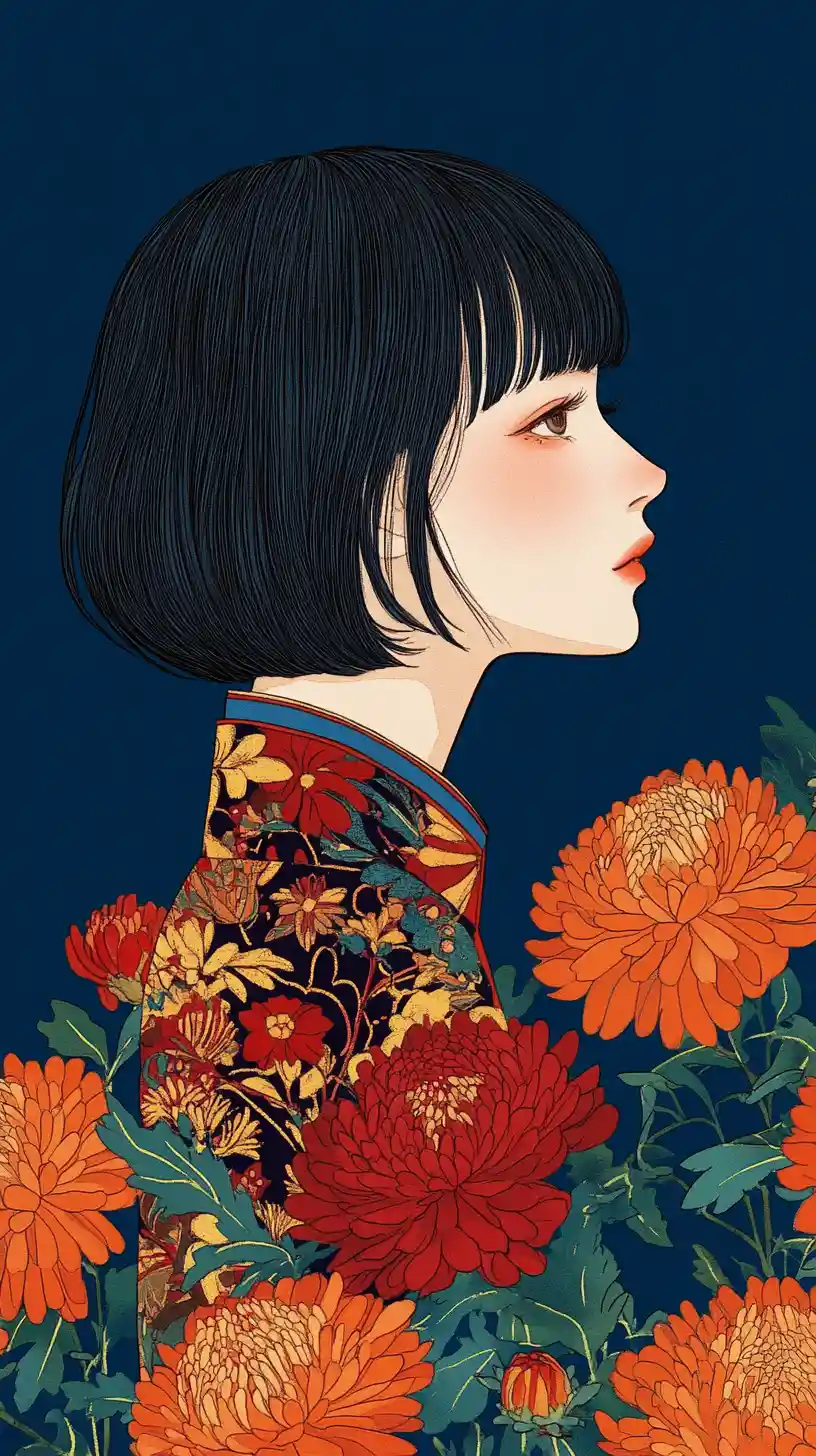 Ukiyo e portrait of a girl with short black bob hair