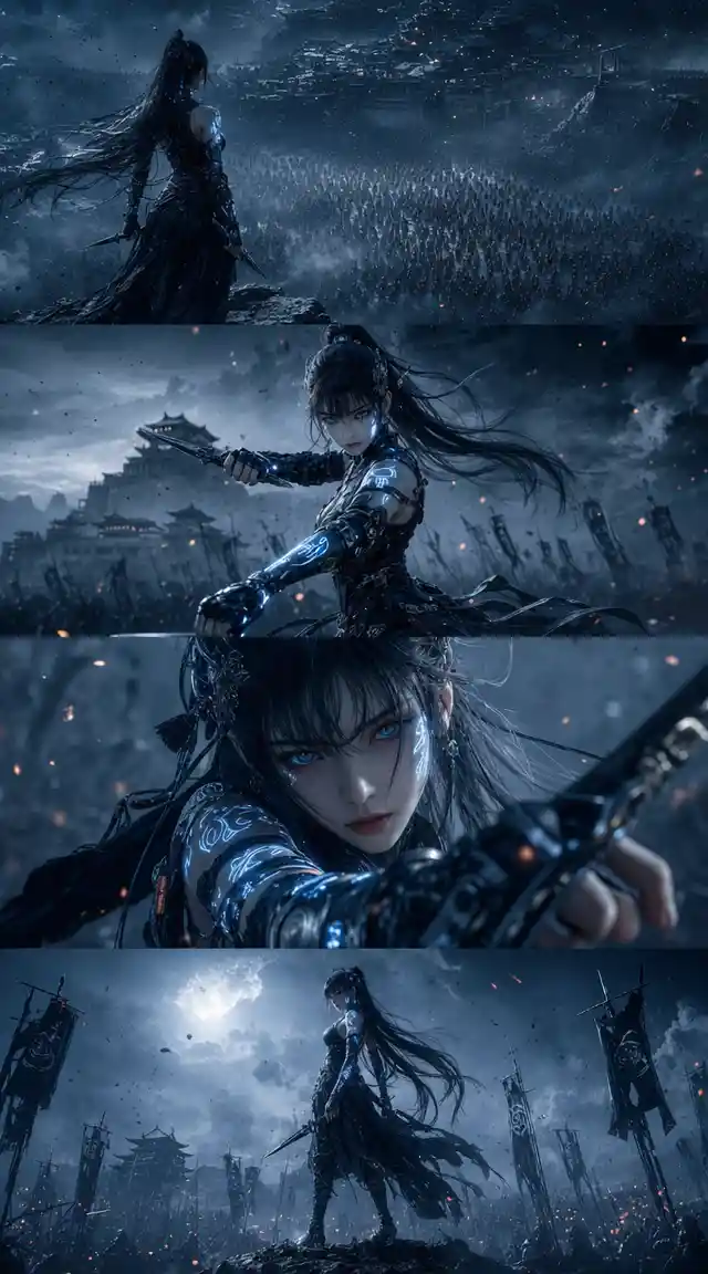 Cybernetic warrior woman with kunai on ashen battlefield