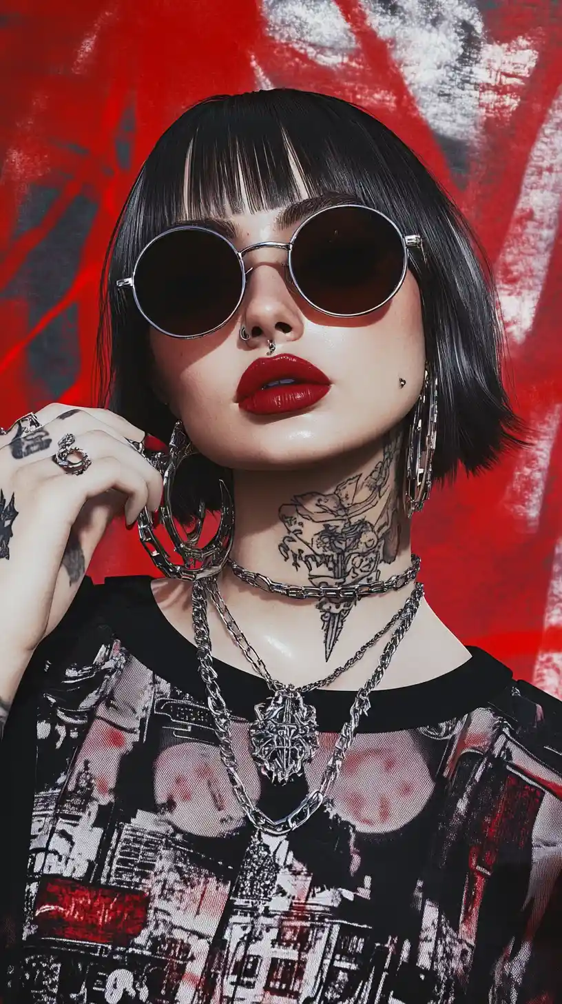 Tattooed woman in sunglasses against abstract red graffiti