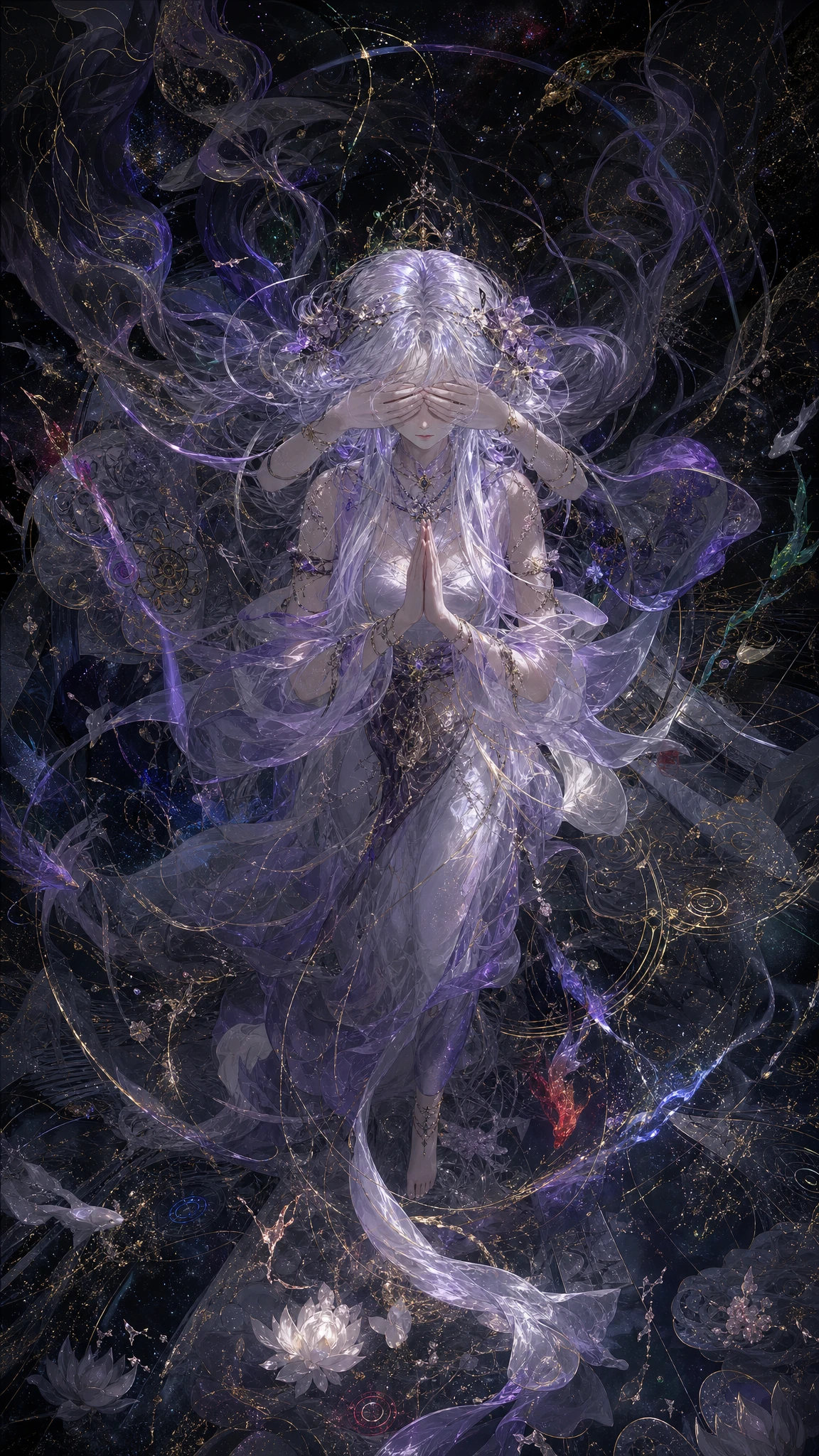 Ethereal anime girl with four hands in cosmic prayer