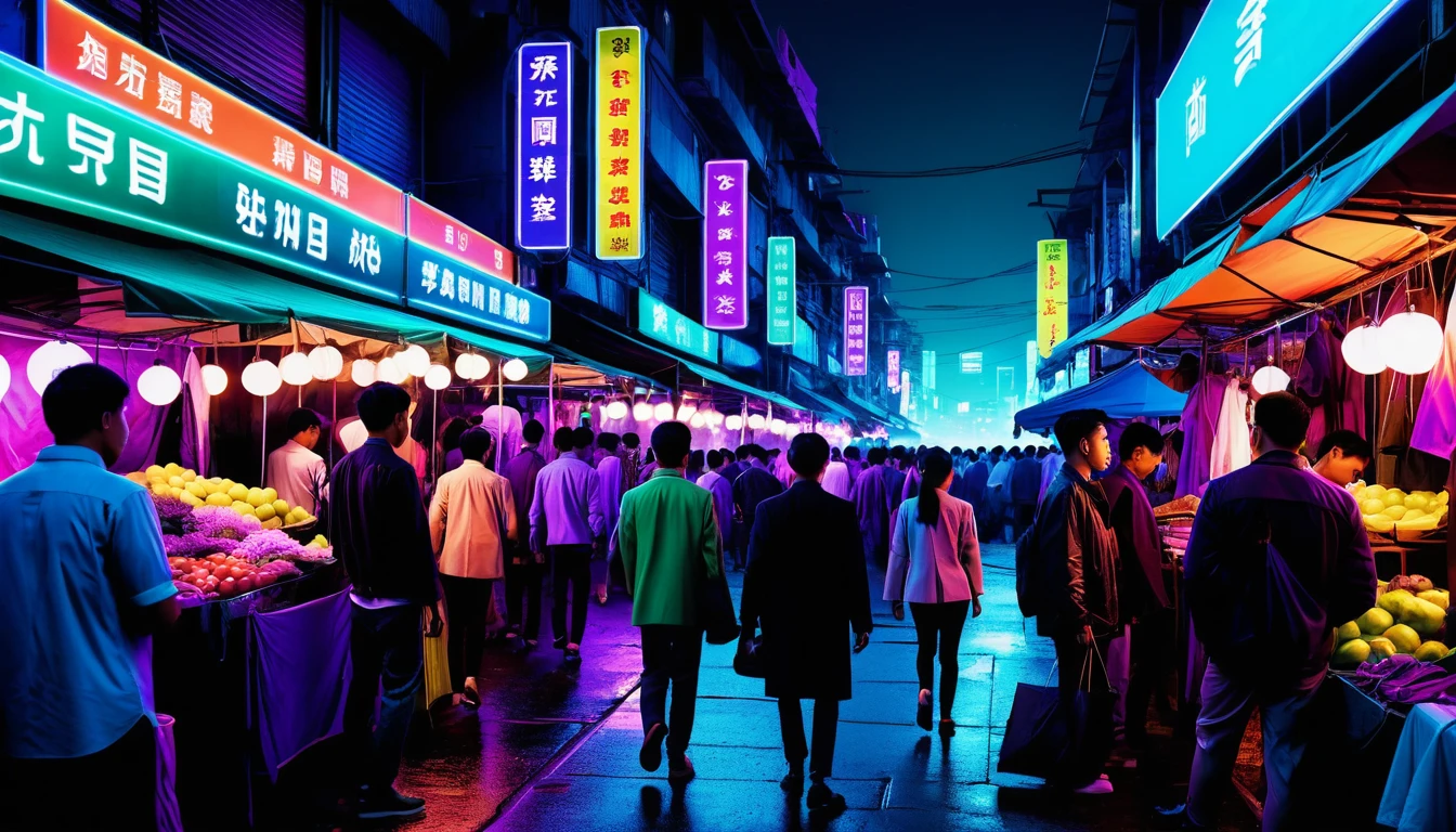 Futuristic neon night market in a restless urban city