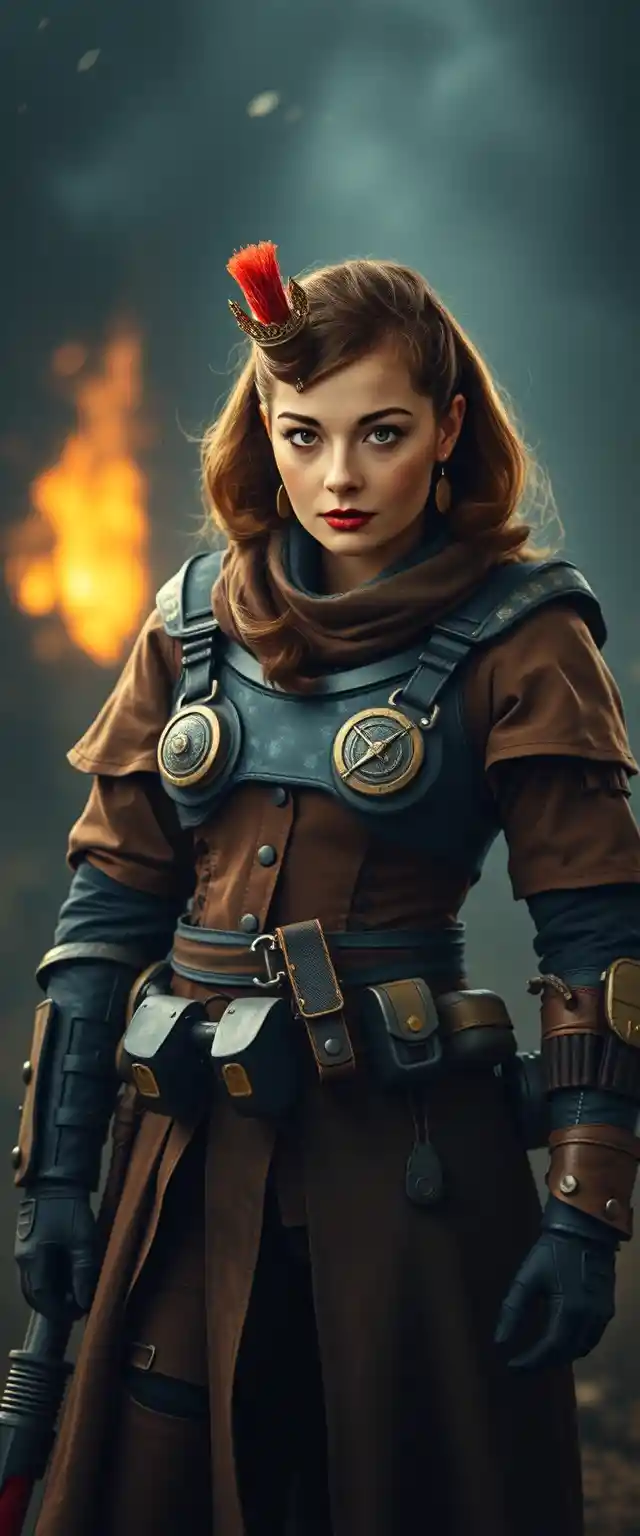 Female warrior standing in a war trench full body view