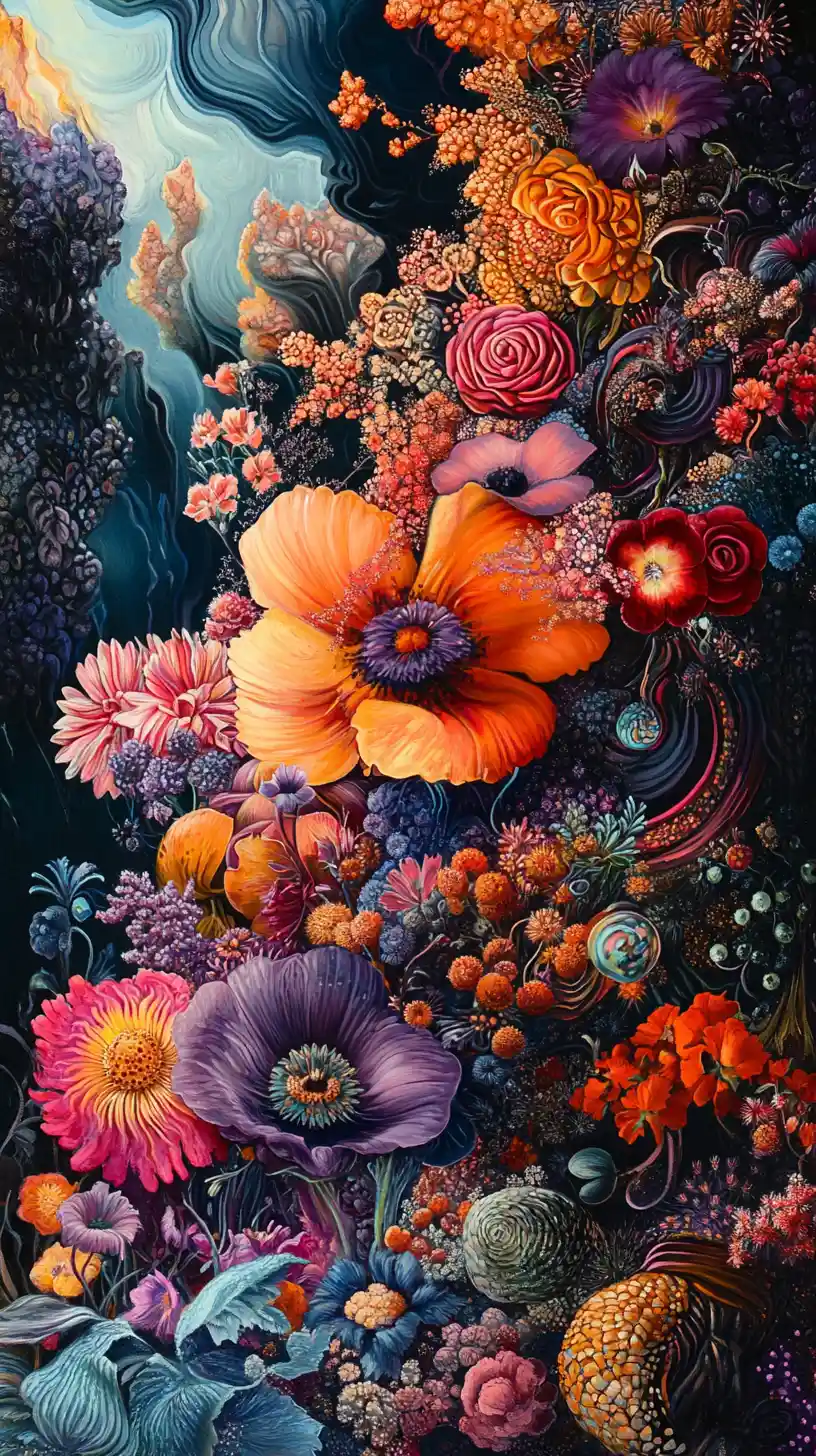 Surreal floral realm blending reality with swirling illusions
