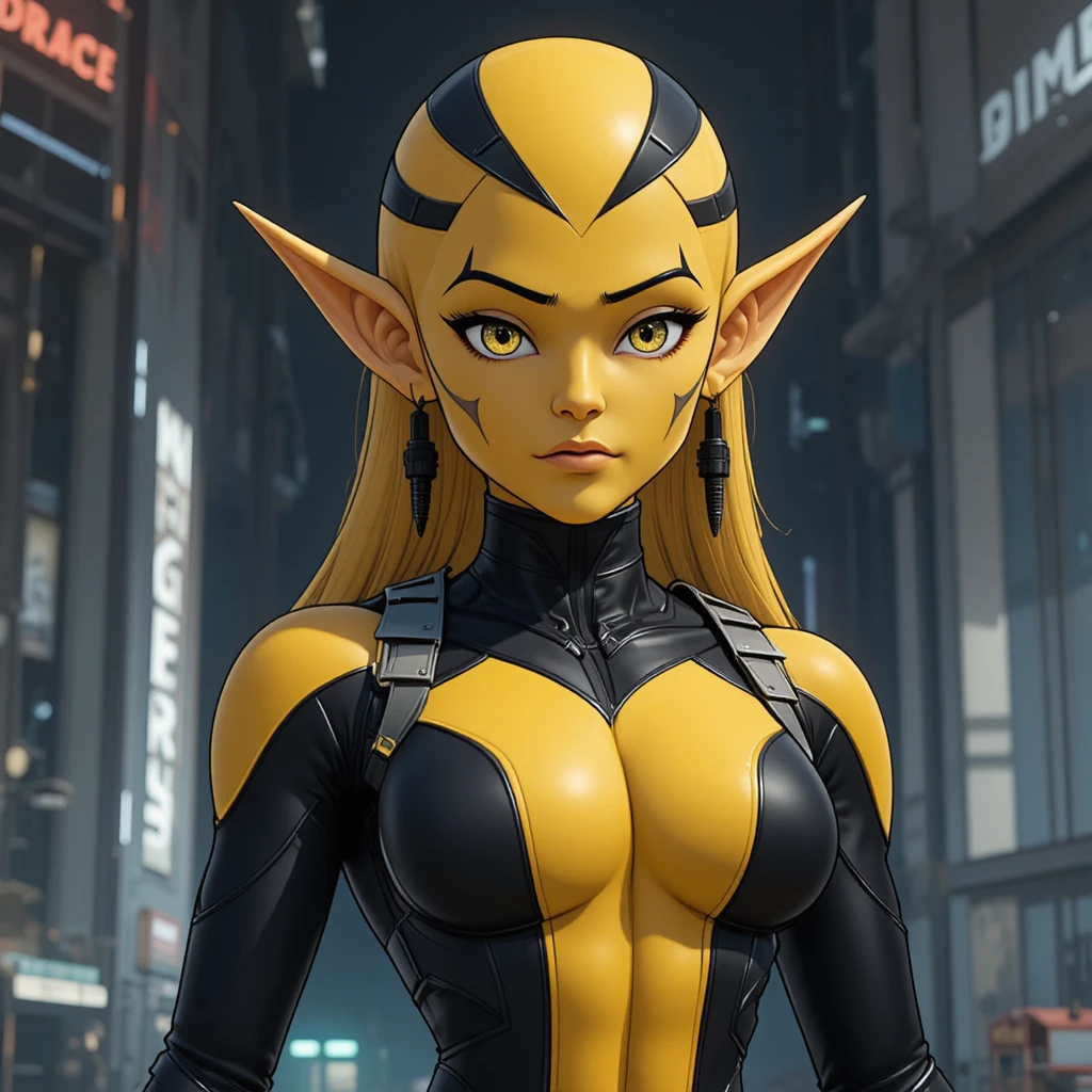 Yellow skinned inhuman woman in tactical security uniform