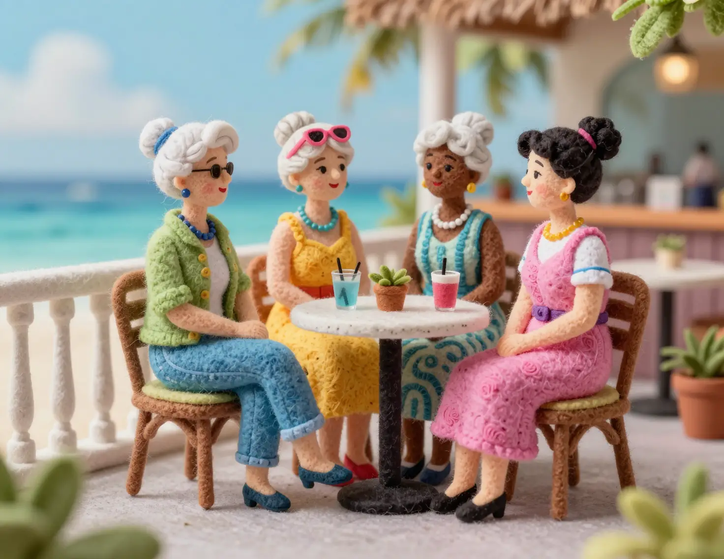 Felt scene of stylish older women at balcony cafe