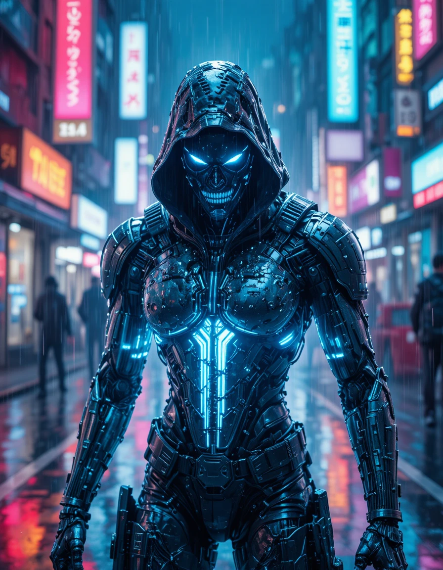 Cybernetic assassin leaping through neon rain in futuristic city