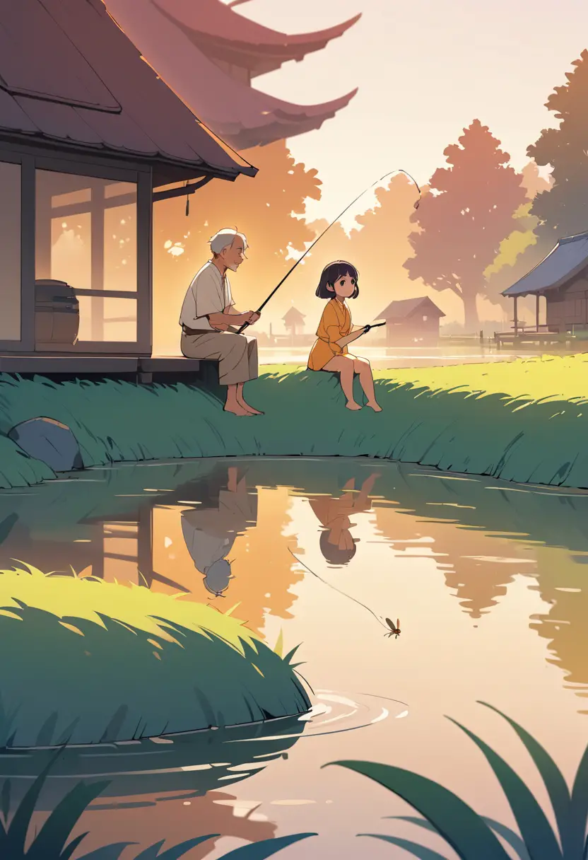 Grandfather teaching granddaughter to fish on quiet pond dock
