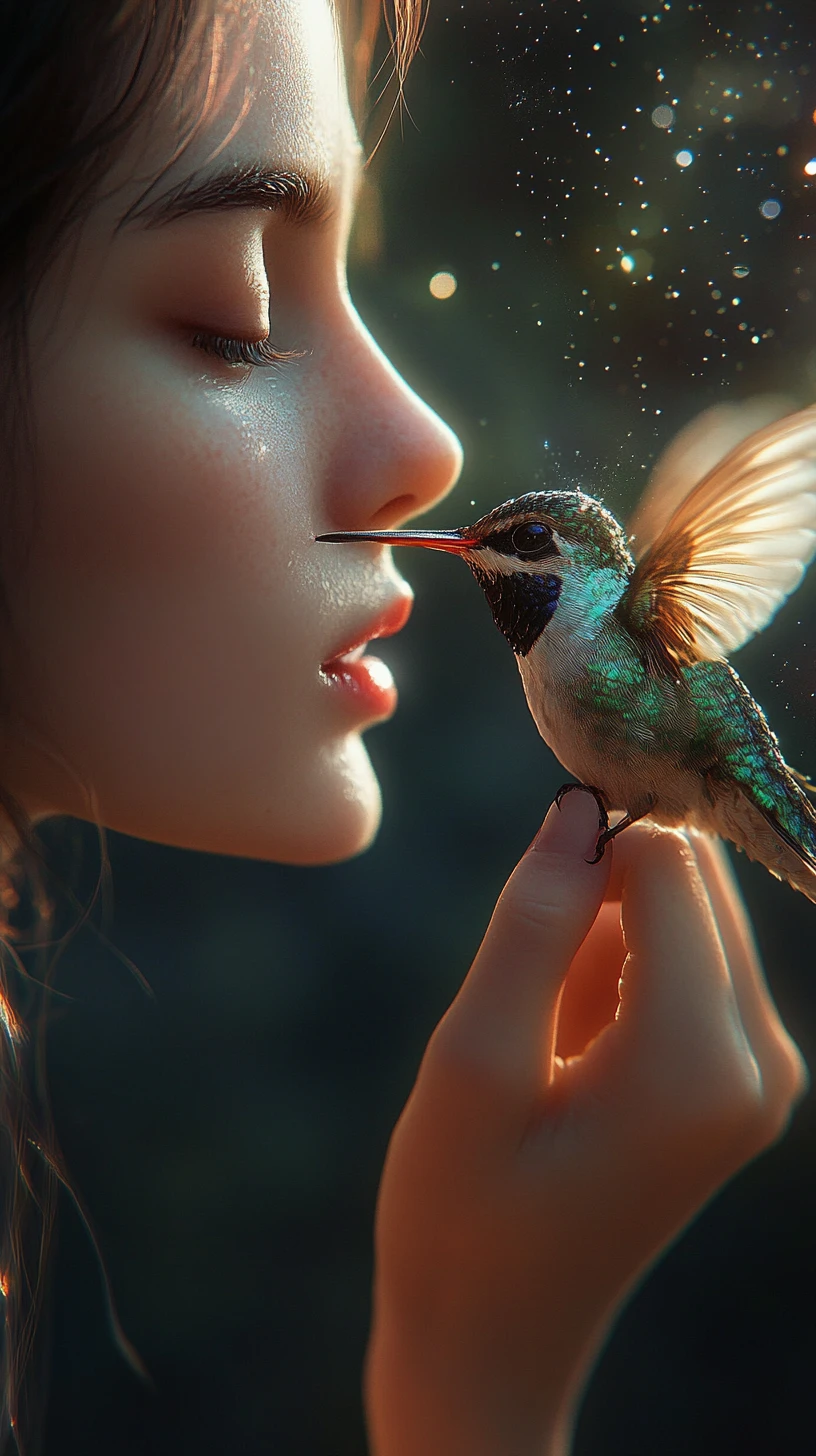 Mädchen und leuchtender Kolibri in intimem Fantasy-Porträt